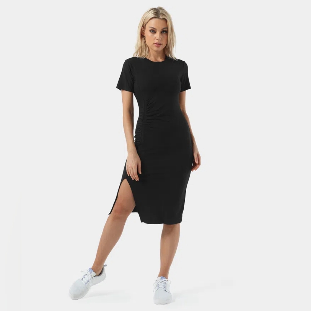 Halara Everyday Ruched Split Hem Midi Chill Dress-Wonder